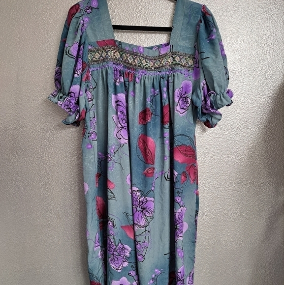 Green & Lavender Floral Print Moo Moo/Housecoat - Picture 1 of 3